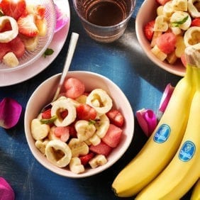 Heart-shaped Valentine’s day fruit salad with Chiquita banana